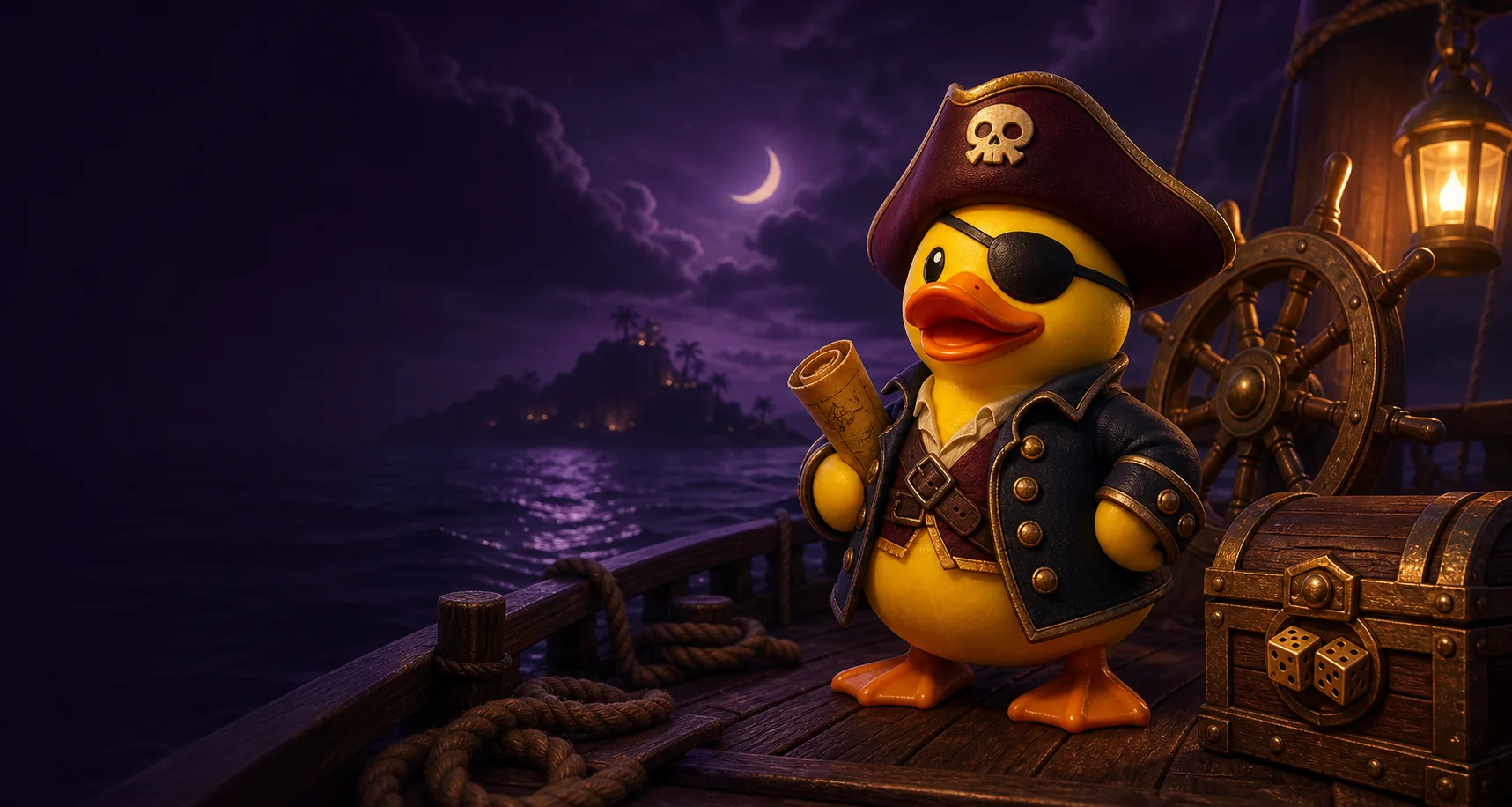 Pirátská kachnička na palubě lodi